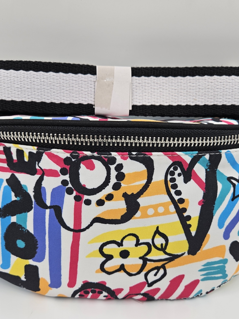 NWOT Brighton Multicolor Grafitti LOVE Crossbody with Black-and-White Strap